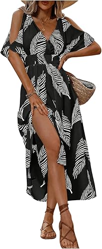 Verdusa Women's Summer Vacation Beach Dress Hawaiian Maxi Dresses Tropical Cold Shoulder Sundress