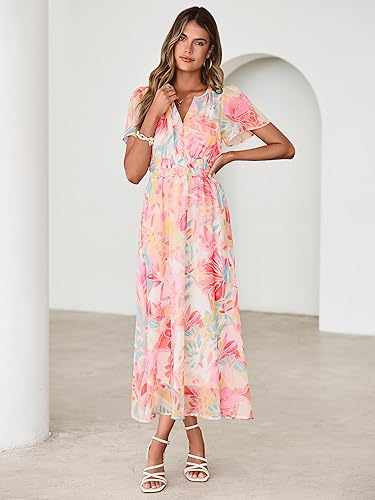 Simplee Women Floral Summer Maxi Dress Boho Flowy Casual Chiffon Short Sleeves V Neck Long Wedding Guest Dresses