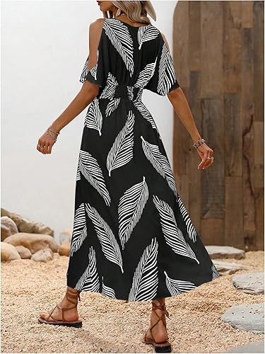 Verdusa Women's Summer Vacation Beach Dress Hawaiian Maxi Dresses Tropical Cold Shoulder Sundress