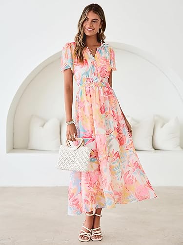 Simplee Women Floral Summer Maxi Dress Boho Flowy Casual Chiffon Short Sleeves V Neck Long Wedding Guest Dresses